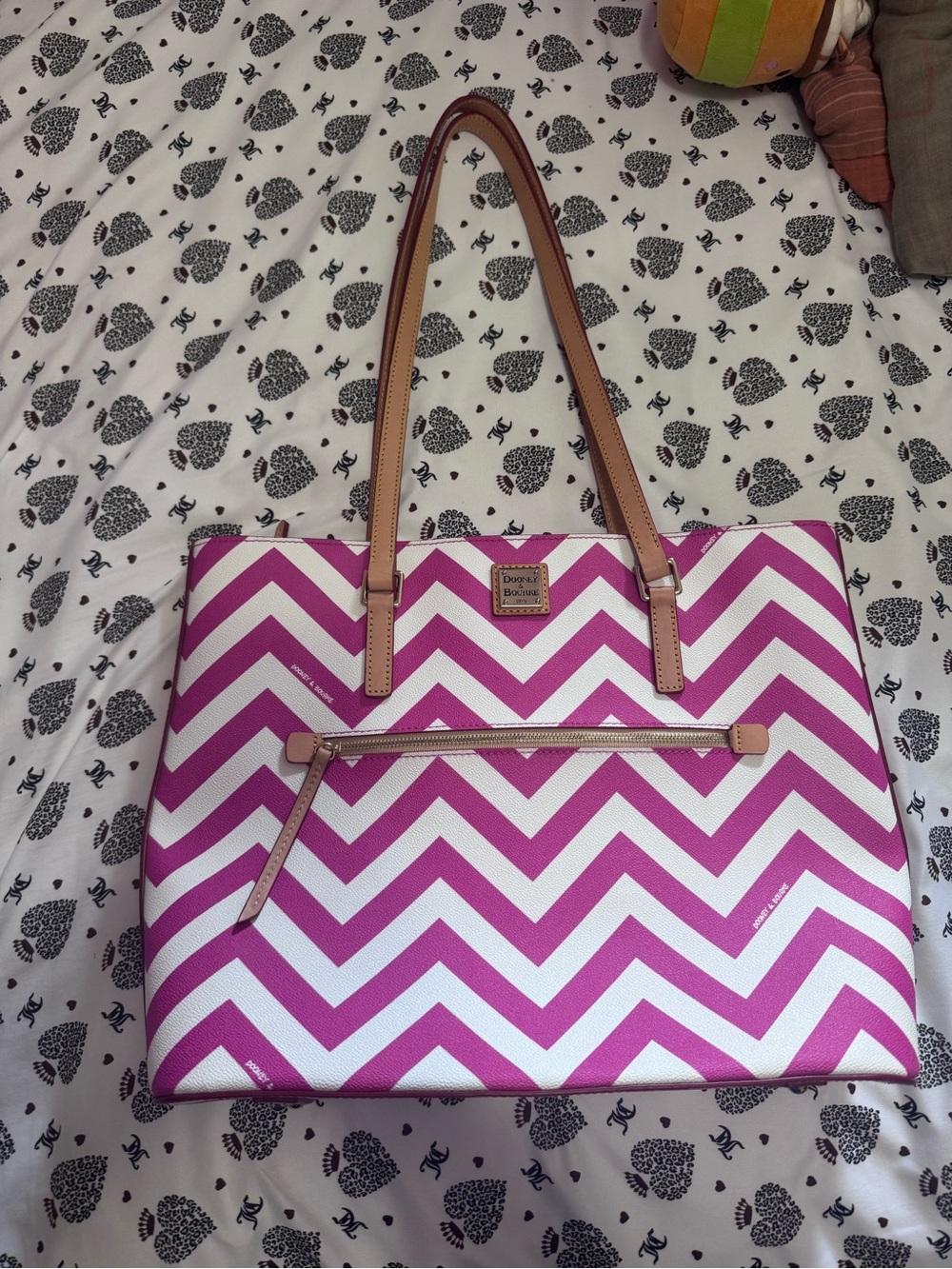Dooney & Bourke Pink Chevron Tote with Tan Straps